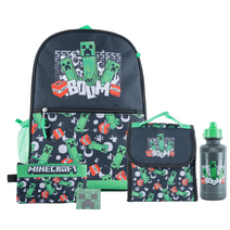 Minecraft Kids Backpack with Lunch Bag Water Bottle and Pencil Pouch 5 Pc 16 inch Black