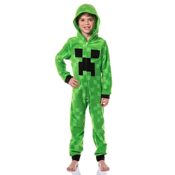 Minecraft Kids Fleece Creeper Hooded Union Suit Zip-Front Footless Sleeper Pajama