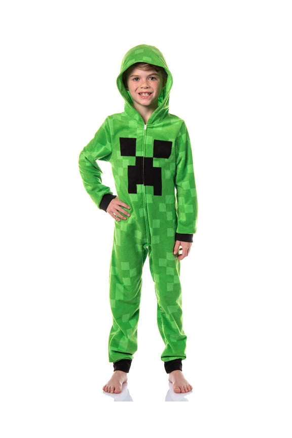 Minecraft Kids Fleece Creeper Hooded Union Suit Zip-Front Footless Sleeper Pajama