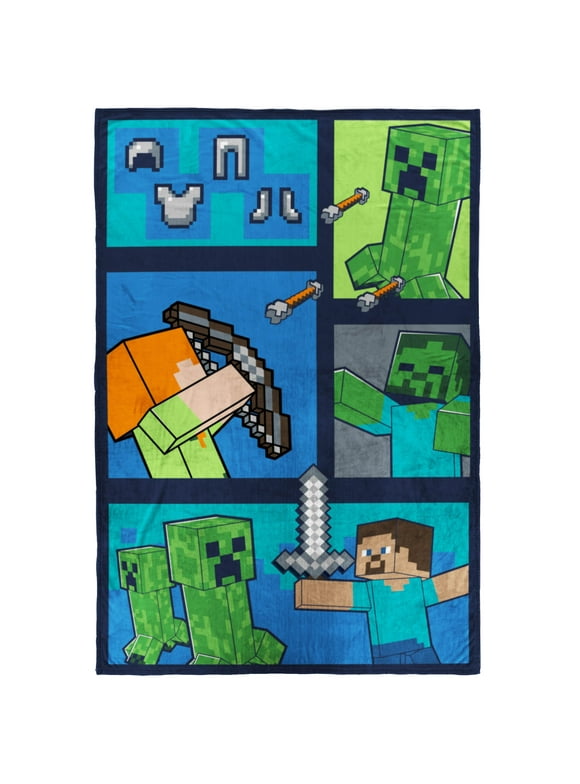 Minecraft Kids Twin Blanket, 62 x 90, Microfiber, Green and Blue, Mojang