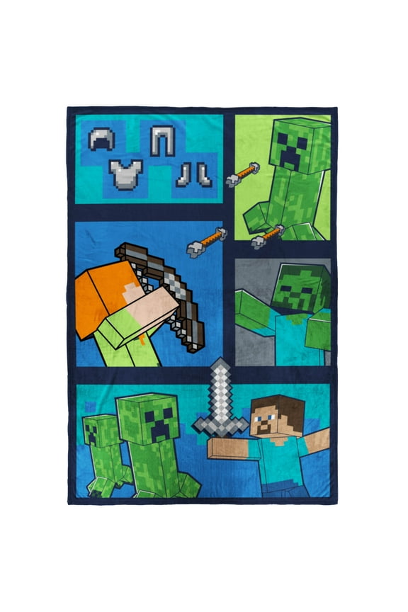 Minecraft Kids Twin/Full Blanket, 62 x 90, Microfiber, Green and Blue, Mojang