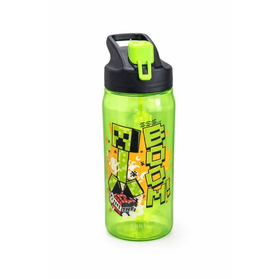 Minecraft Kids Water Bottle with Flip Top Lid, BPA-Free Plastic, Leak Proof, Green Creeper Design, 16 oz Reusable Bottle for School & Travel