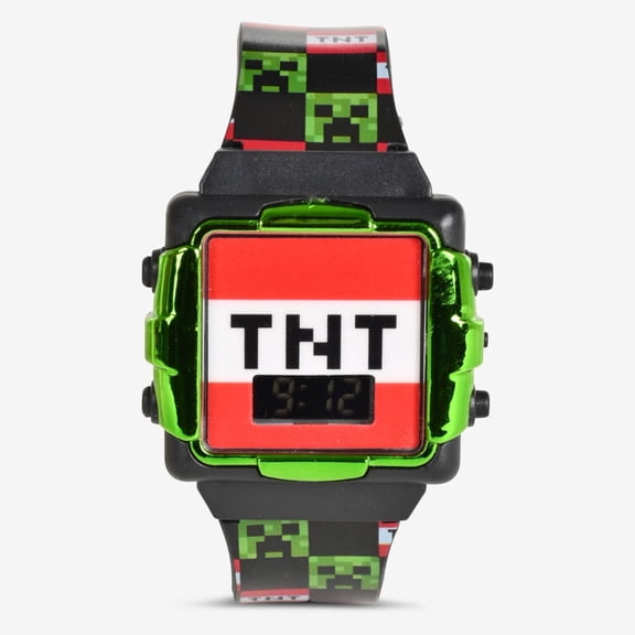 Minecraft Creeper Kids LCD Digital Watch with Silicone Strap, Green/Black