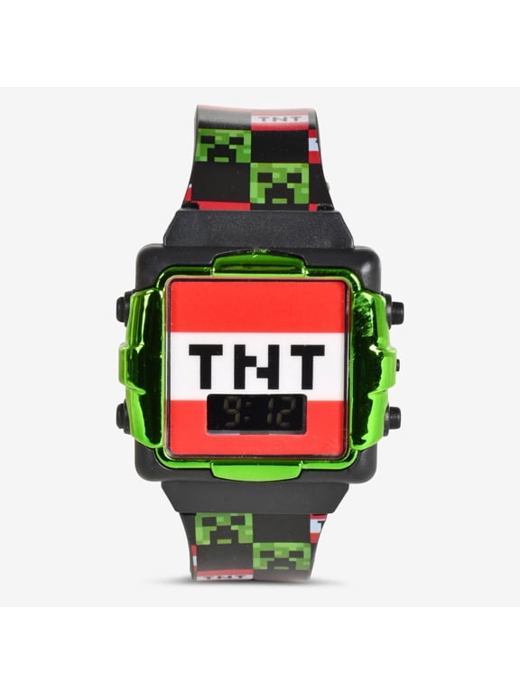 Minecraft Creeper Kids LCD Digital Watch with Silicone Strap, Green/Black