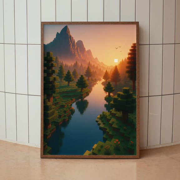 Minecraft Landscape Poster – Pixel World Wall Art Decor 8x12 UNFRAMED
