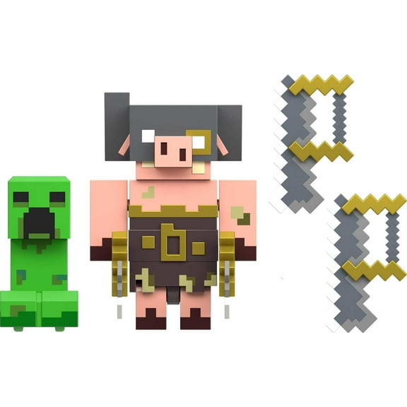 Minecraft Legends Action Figure 2-Pack, Creeper vs Piglin Bruiser, 3.25-in Collectible Toys