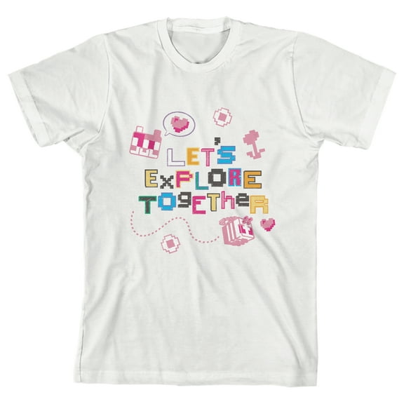 Minecraft Let's Explore Together Crew Neck Short Sleeve Boy's White T-shirt-Medium