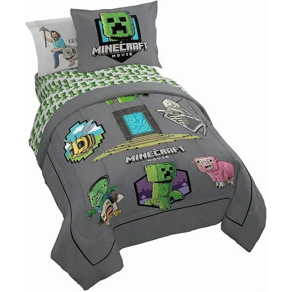 Minecraft Let's Minecraft 7 Piece Queen Size Comforter Set with Shams - Kids & Teens Gaming Bedding