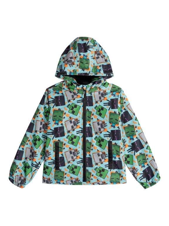 Little Boys' Hooded Zip-Up Rain Jacket Minecraft Light Blue
