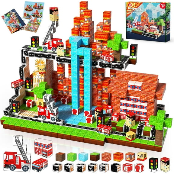 Pixelated Magnetic Blocks,100PCS Fire Truck Magnetic Building Cube Game,The best choice for Christmas gifts
