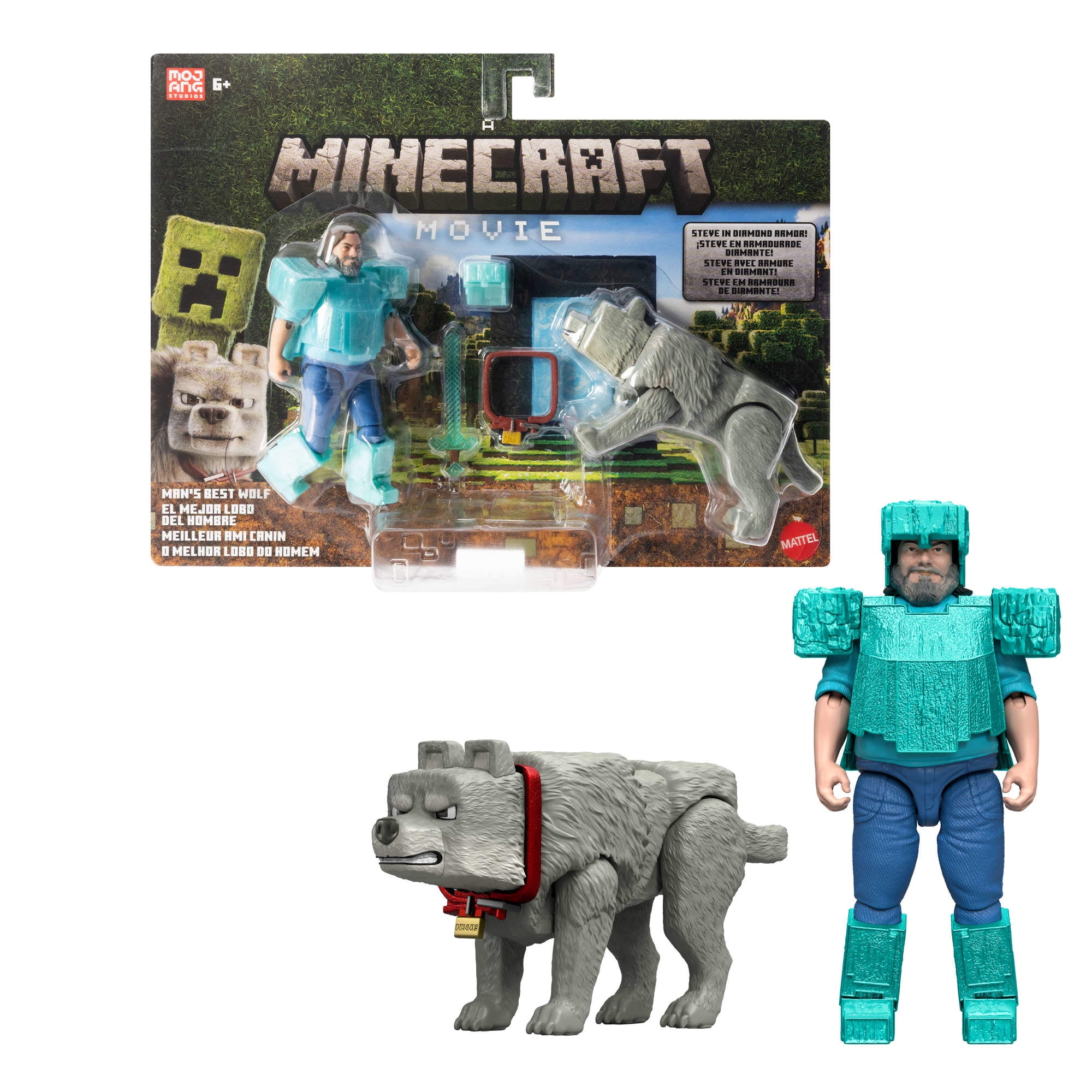 Minecraft Mans Best Wolf Pack with 2 Action Figures & 2 Accessories, Set Inspired by the Movie
