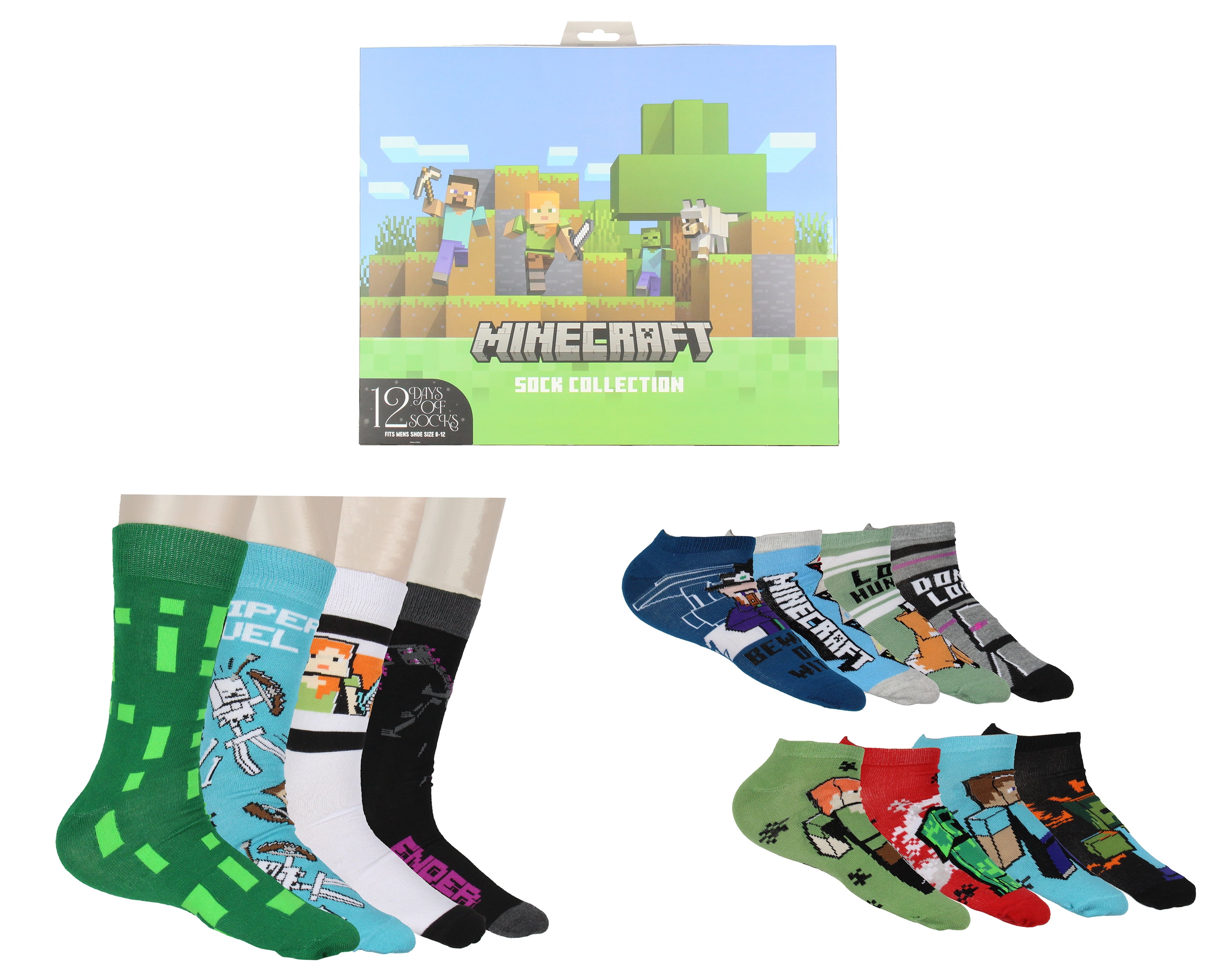 Minecraft Men's 12 Days of Socks Adult Ankle and Crew Socks Mix and Match Gift Box Set