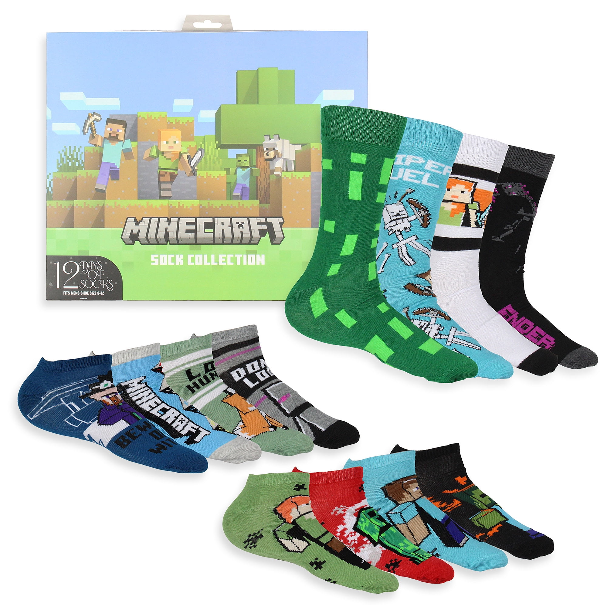 Minecraft Men's 12 Days of Socks Adult Ankle and Crew Socks Mix and Match Gift Box Set