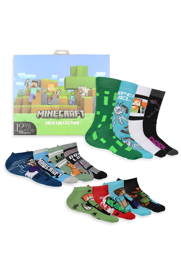Minecraft Men's 12 Days of Socks Adult Ankle and Crew Socks Mix and Match Gift Box Set