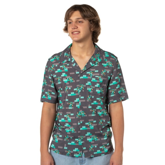 Minecraft Men's Diamond Armor Steve and Pickaxe Casual Hawaiian Button Down Adult Camp Collar Short Sleeve Shirt