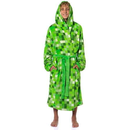 Minecraft Men's Pixelated Creeper Soft Fleece Hooded Dressing Gown Bathrobe