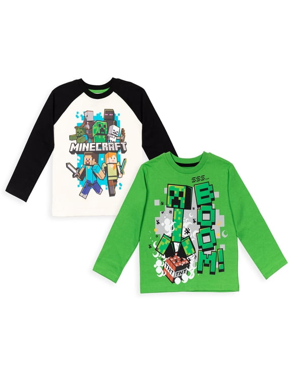 Mobs Creeper Big Boys 2 Pack Long Sleeve Graphic T-Shirts White/Green 10-12