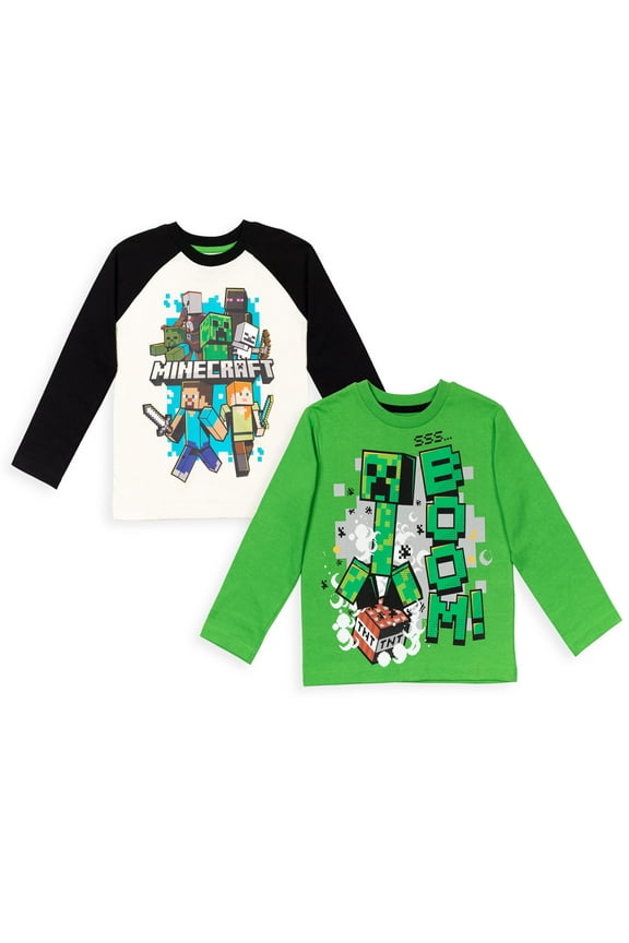 Mobs Creeper Little Boys 2 Pack Long Sleeve Graphic T-Shirts White/Green 4