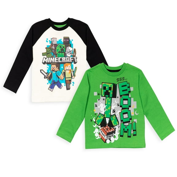 Minecraft Mobs Creeper Little Boys 2 Pack Long Sleeve Graphic T-Shirts White/Green 6