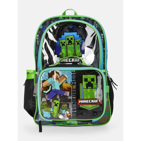 Minecraft Mode Green Backpack Set with Lunch kit, Headphones and Water Bottle