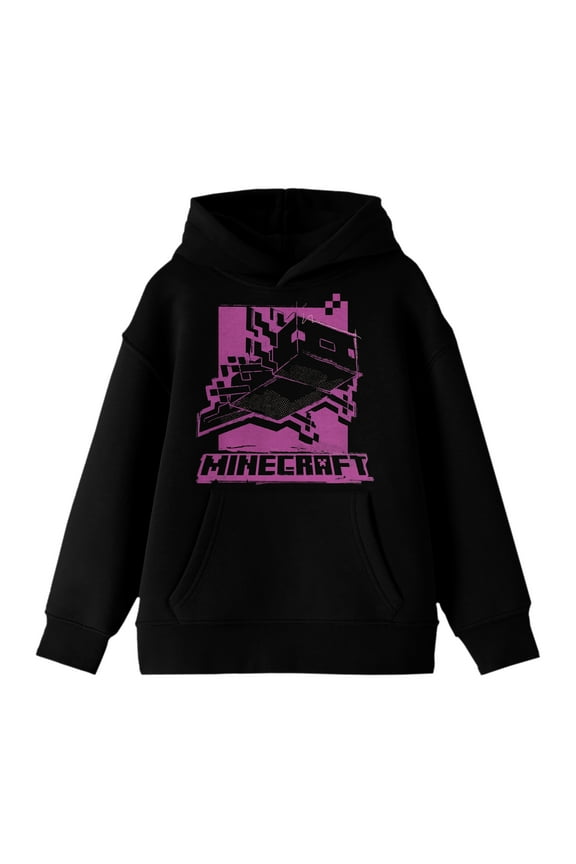 Minecraft Monochrome Axolotl Long Sleeve Youth Black Hooded Sweatshirt-Medium