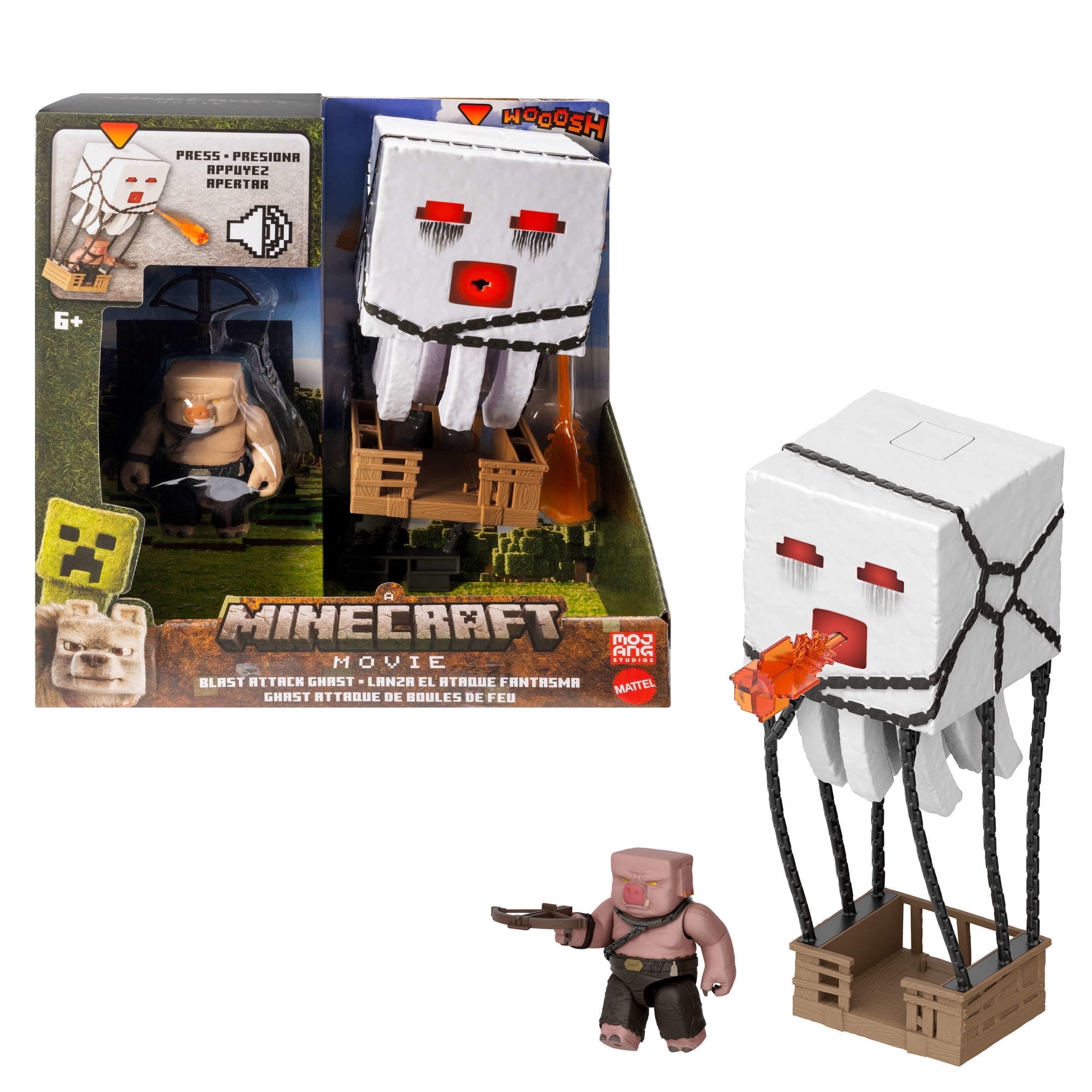 Minecraft Movie Blast Attack Ghast Action Figure Set Lights, Sounds \u0026 Launching Projectile Includes Piglin Warrior Toy for Kids Ages 6+