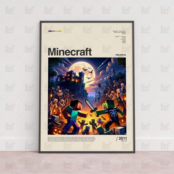 Minecraft Night Battle Poster | Survival Action Scene Wall Art for Gaming Decor Home Decor | Dark Fantasy Block World Artwork Gift for Fans | Size 24x36 Unframed Poster