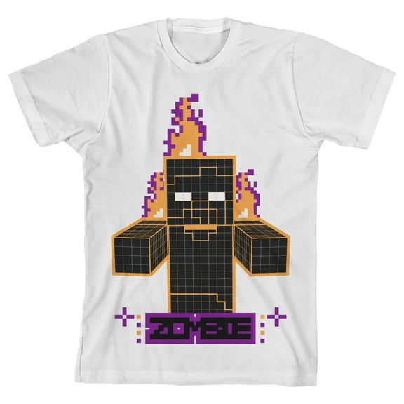 Minecraft Orange Pixel Zombie with Fire Youth Boys White T-Shirt-XS