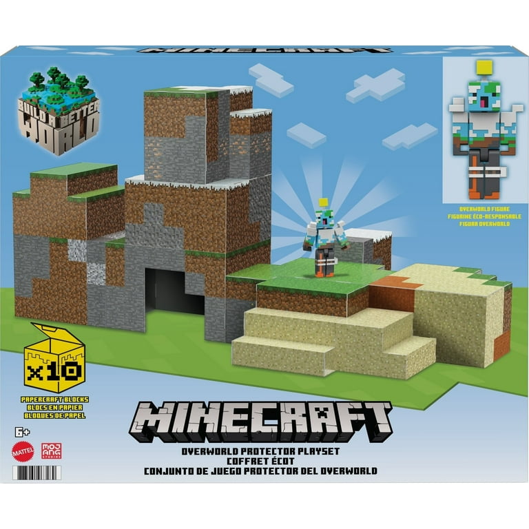 Minecraft Overworld Playset with 1 Action Figure & 10 Papercraft Blocks,  3.25-in Scale Toy 