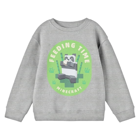 Minecraft Panda Feeding Time Crew Neck Long Sleeve Athletic Heather Boy's Sweatshirt-Large