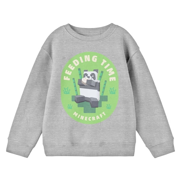Minecraft Panda Feeding Time Crew Neck Long Sleeve Athletic Heather Boy's Sweatshirt-XL