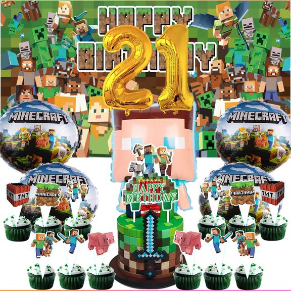 Minecraft Party Supplies Decor 21th Kit Balloons Birthday Cake Topper Banner Backdrop Decorations