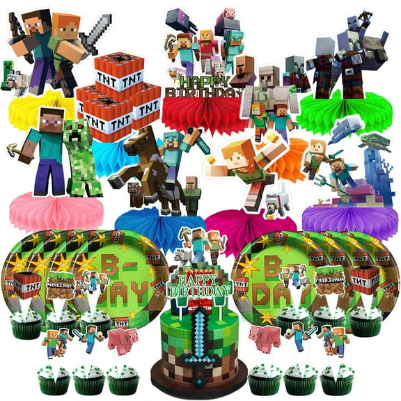 Minecraft Party Supplies Decor Plates Fans Decorations Honeycomb Centerpieces Cake Toppers