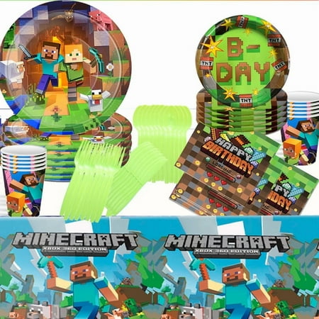 Minecraft Party Tableware Set Plates Cup Kit Birthday Supplies Decorations Disposable Dinnerware