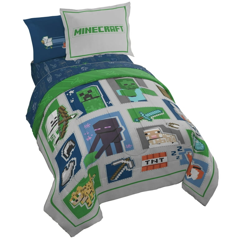 Free Shipping Minecraft Patchwork Blue Reversible 5 Piece Twin Bed Set 100 Microfiber Walmart
