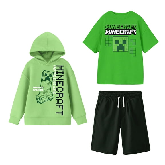 Minecraft Perfect Outfit Youth Boy Hoodie, Short-Sleeve Tee, and Lounge Shorts 3-Piece Combo Set  8 (M)