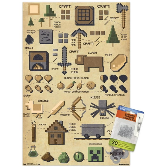 Minecraft - Pictographic Wall Poster with Push Pins, 14.725" x 22.375"