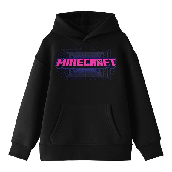 Minecraft Pink Text Logo Boy's Black Sweatshirt-Large