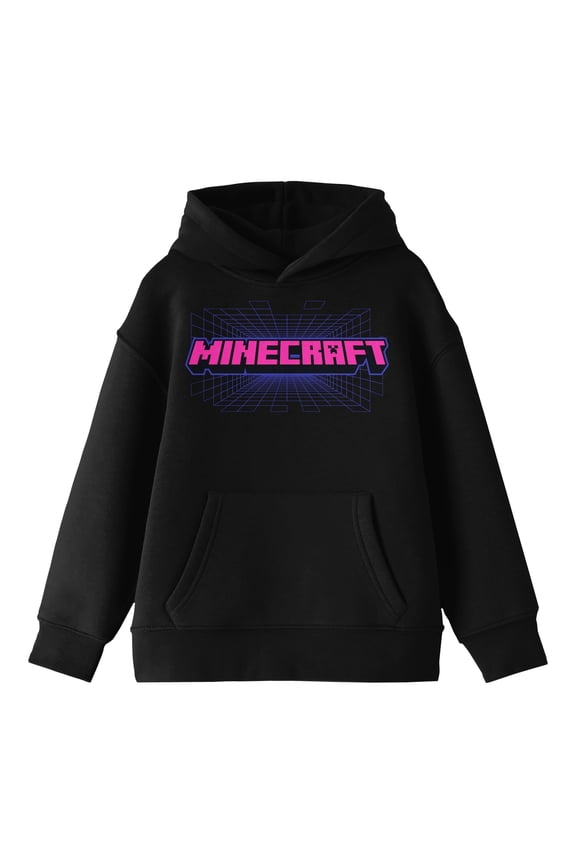 Minecraft Pink Text Logo Boy's Black Sweatshirt-Large
