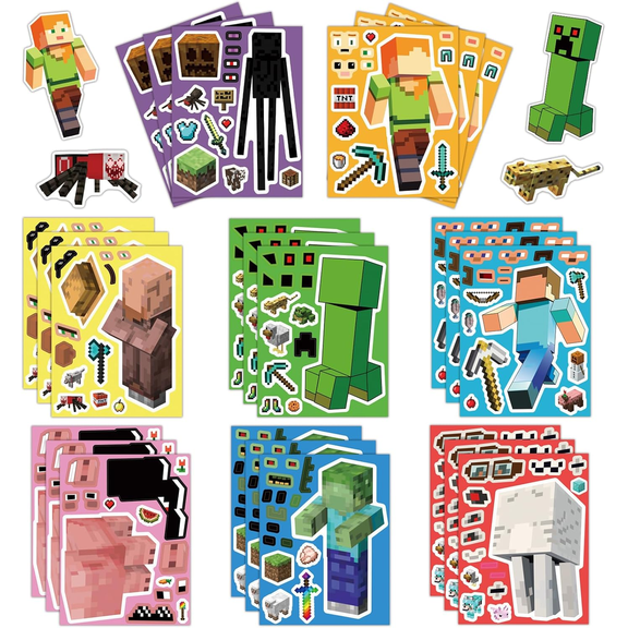Minecraft Pixel Cartoon Stickers, 24 Sheets, 8 Different Character Designs (3 of Each), Mix and Match Stickers, Cute Pixel-Style Party Favors