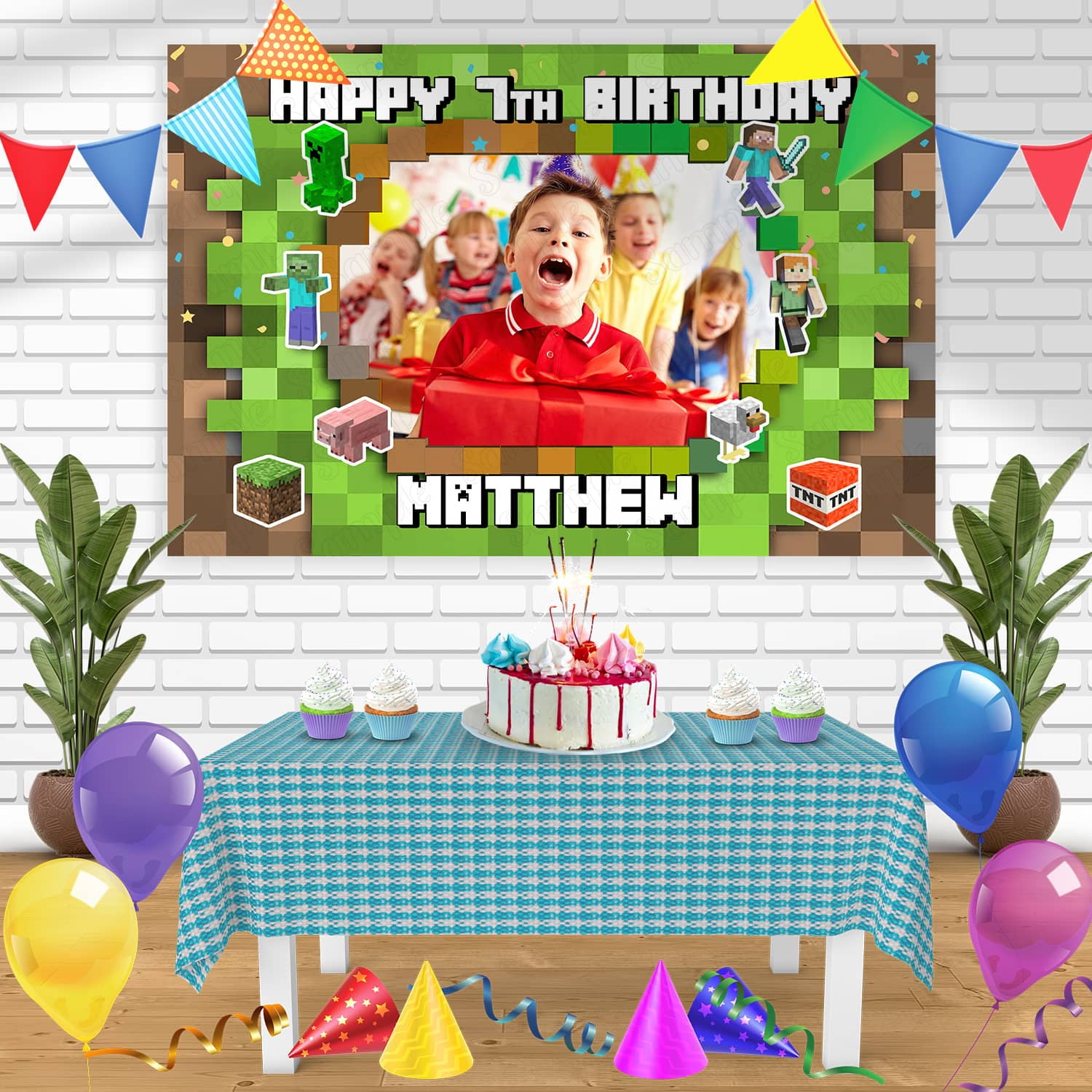 Minecraft Pixel Frame Birthday Banner Personalized Party Backdrop Decoration 60 x 44 Inches