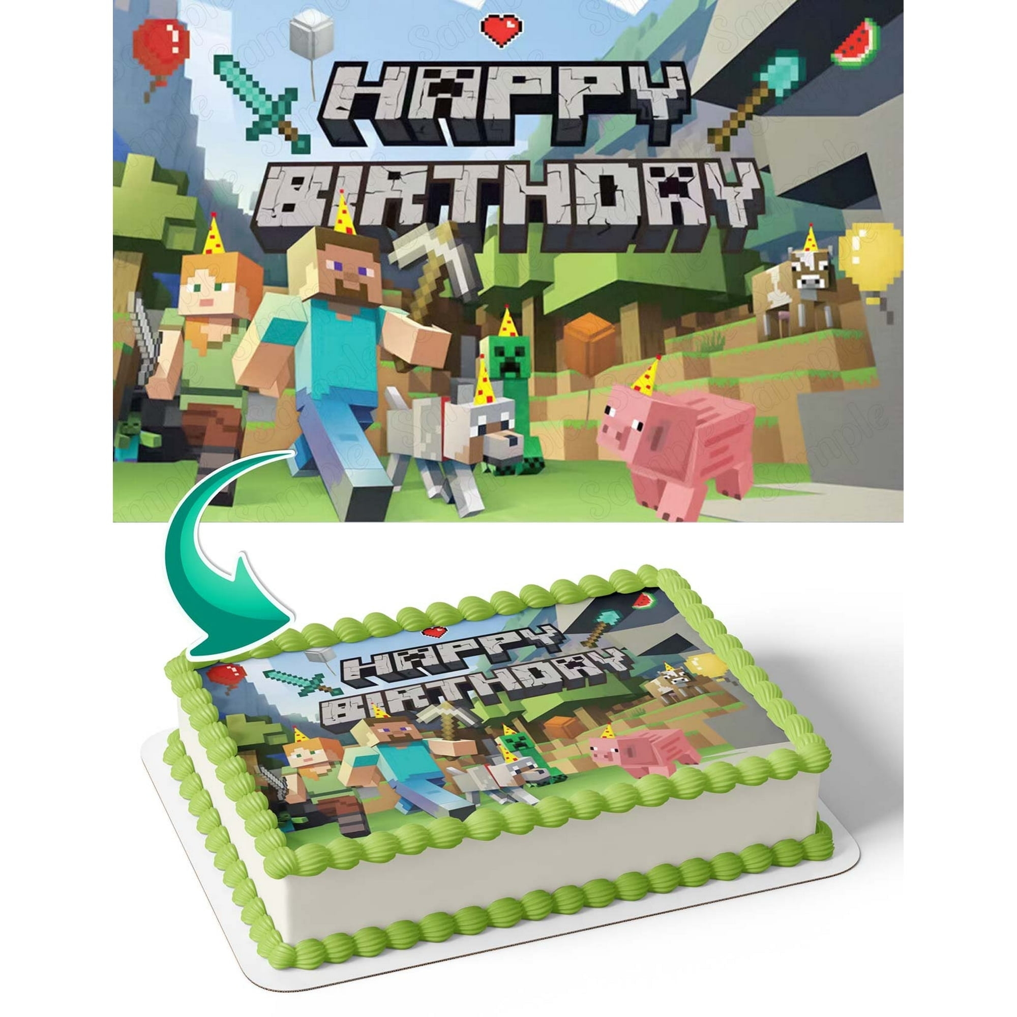 Minecraft Pixel Happy Birthday Party Edible Image Cake Topper For Half Sheet Cake By TNCT