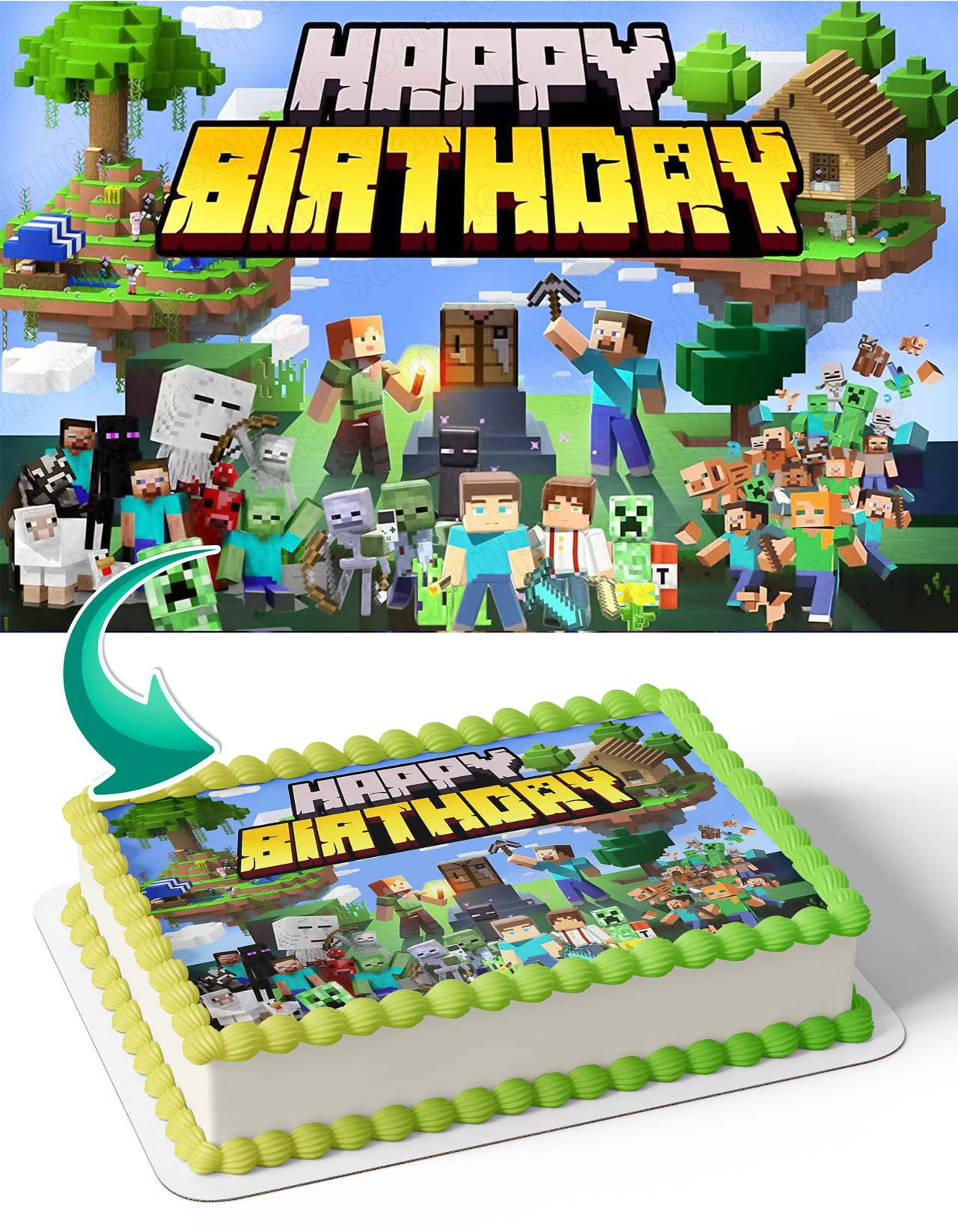 INKUTEN Minecraft Pixel Style Edible Cake Image Topper Personalized Picture 1/4 Sheet (8"x10.5")