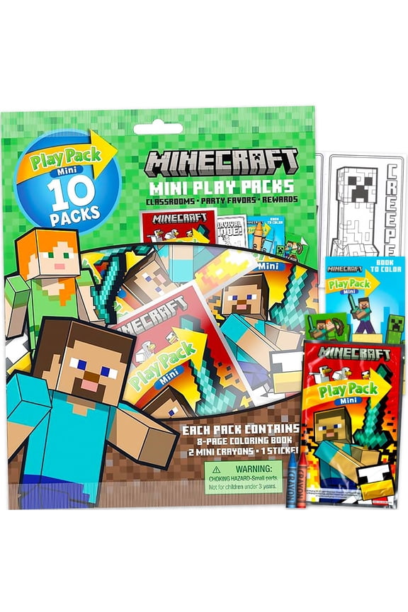 Play Packs | Goodie Bag Loot Bag Fillers | Minecraft Party Favors | 10 Mini Play Packs | Minecraft Coloring Pad, 2 Mini Crayons, and Sticker | 10-Pack | Officially Licensed