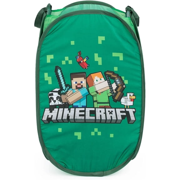 Minecraft Pop Up Hamper - Mesh Video Game Laundry Basket Bag with Durable Handles - Storage for Clothes or Toys