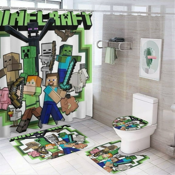 Minecraft Power 4 Pcs Shower Curtain Sets Non-Slip Rugs Bath Mat Toilet Cover U Shaped Mat for Bathroom Decor Bathroom Set 72" X 72"