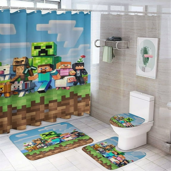 Minecraft Power 4 Pcs Shower Curtain Sets Non-Slip Rugs Bath Mat Toilet Cover U Shaped Mat for Bathroom Decor Bathroom Set 72" X 72"