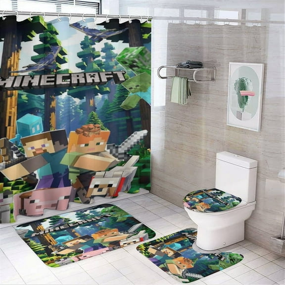 Minecraft Power 4 Pcs Shower Curtain Sets Non-Slip Rugs Bath Mat Toilet Cover U Shaped Mat for Bathroom Decor Bathroom Set 72" X 72"