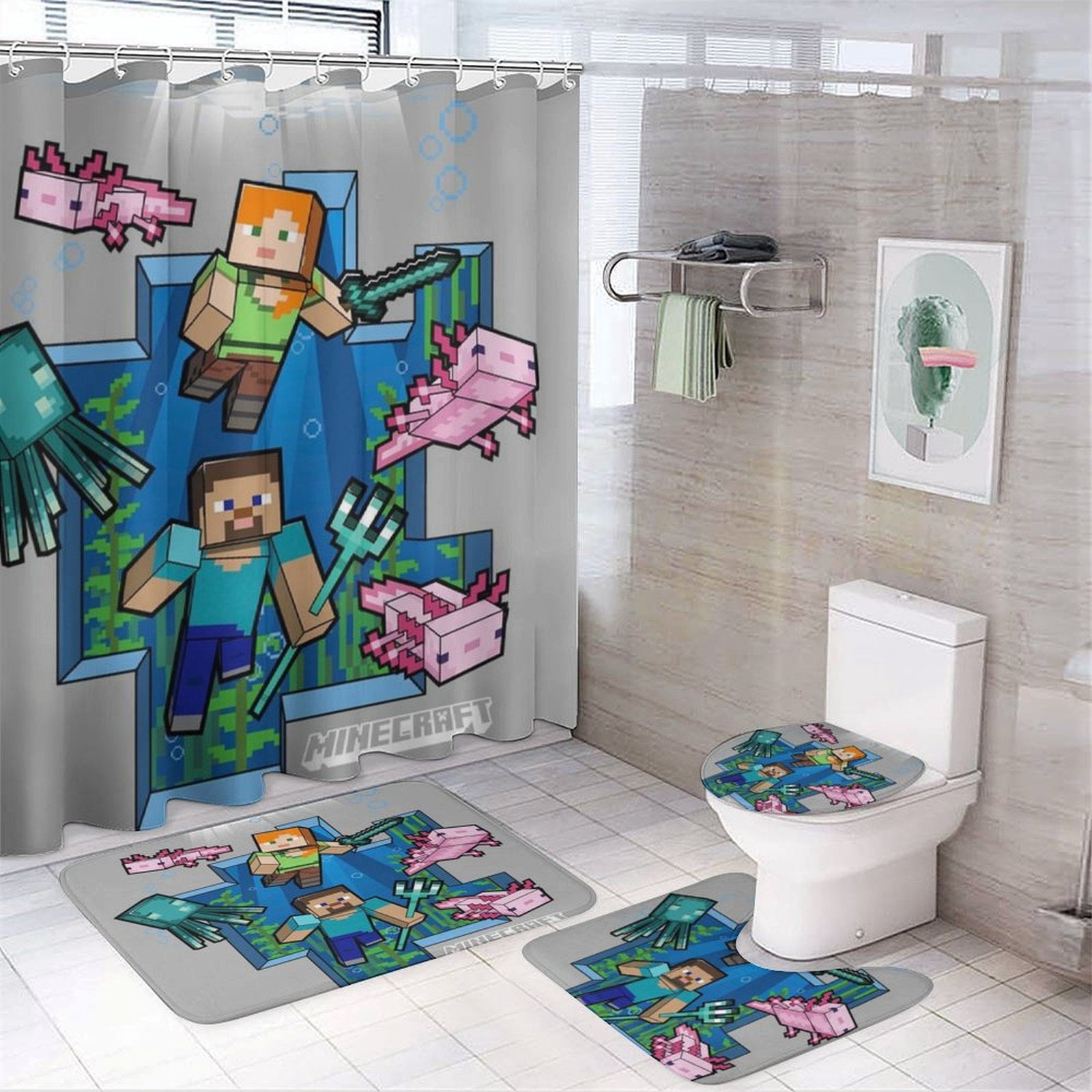 Minecraft Power 4 Pcs Shower Curtain Sets Non-Slip Rugs Bath Mat Toilet ...