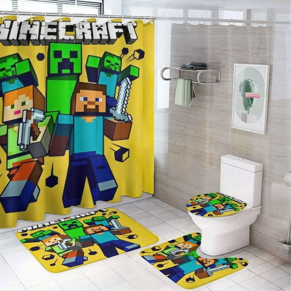 Minecraft Power 4 Pcs Shower Curtain Sets Non-Slip Rugs Bath Mat Toilet Cover U Shaped Mat for Bathroom Decor Bathroom Set 72" X 72"